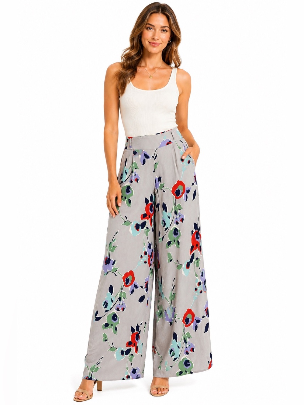 Elevenses Anthropologie Floral Wide Leg Pants Size 4 Gray Palazzo Crop Gaucho